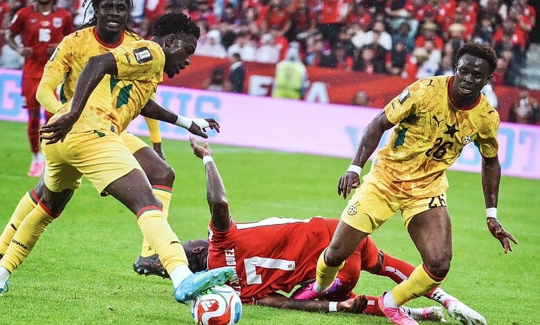Ghana players celebrate Yirenkyi’s late winning goal against Panama in FIFA WC 2026 match.