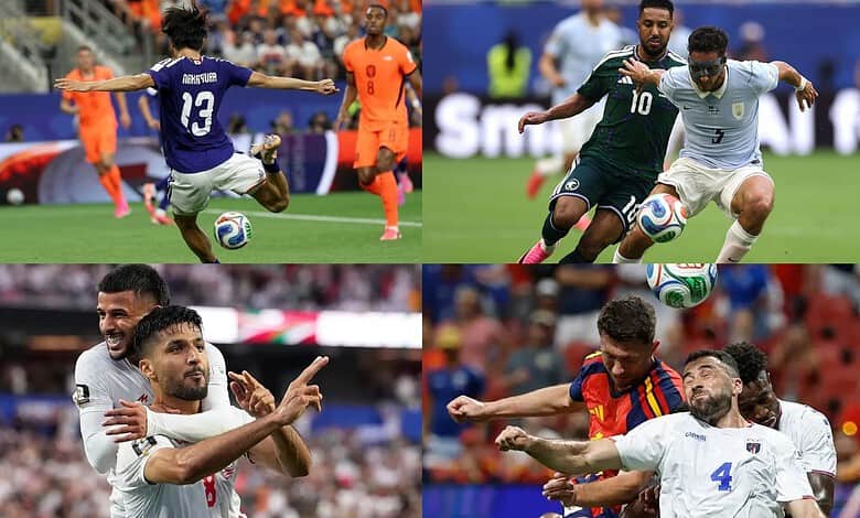 Soccer players competing fiercely during a match at FIFA World Cup.