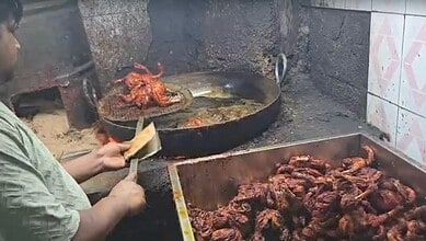 Large quantity of fried chicken being cooked in a large pan at a food safety inspection site.