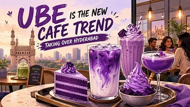 Vibrant Ube-themed drinks and desserts at a Hyderabad cafe, showcasing the rising popularity of Ube in.