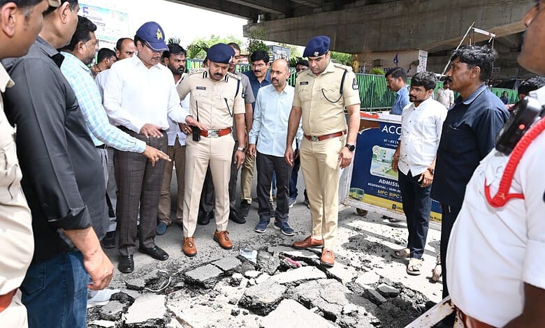 The image shows HYDRAA Commissioner AV Ranganath inspecting the desilting of storm water drains at Attapur, Shamshabad and Kondapur areas on Monday, June 15, 2026.