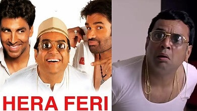 Hera Pheri cast members in a promotional image, featuring comic expressions and costumes.