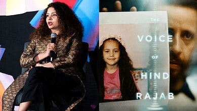 Rana Ayyub speaking at an event with a young girl and a book titled 'The Voice of Hind Rajab'.