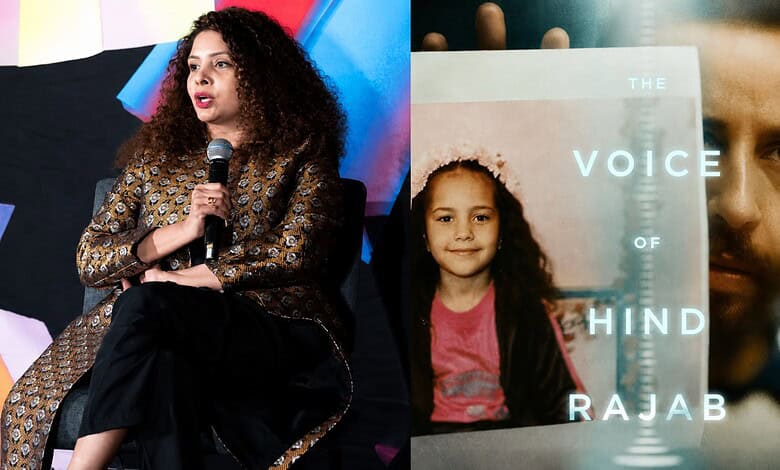 Rana Ayyub speaking at an event with a young girl and a book titled 'The Voice of Hind Rajab'.