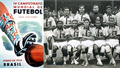 A young football team posing for a group photo in vintage uniforms, celebrating the 1950 FIFA World Cup i.