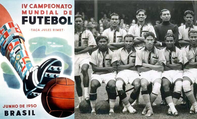A young football team posing for a group photo in vintage uniforms, celebrating the 1950 FIFA World Cup i.