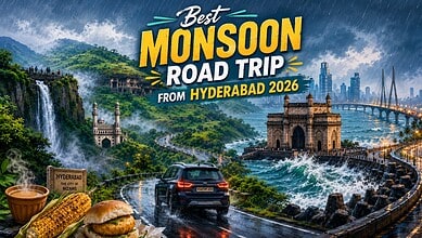 Scenic monsoon road trip from Hyderabad 2026 with waterfalls, cityscape, and iconic landmarks.