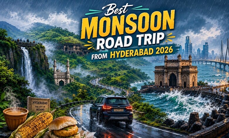 Scenic monsoon road trip from Hyderabad 2026 with waterfalls, cityscape, and iconic landmarks.