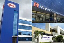 Modern office buildings in Hyderabad, including Megha Engineering and Dr. Reddy's.