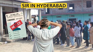 A man with headphones waiting in line at a busy Hyderabad vaccination centre, surrounded by people and he.