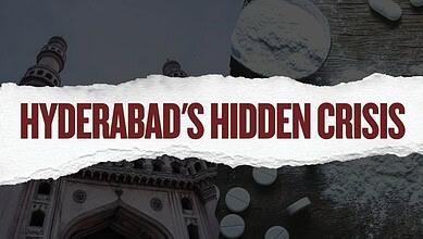 Hyderabad's hidden crisis with pills and medication on a wooden surface.