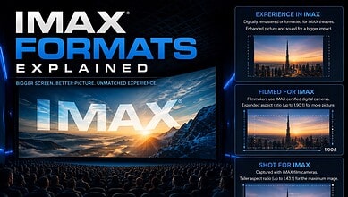 Infographic explaining IMAX formats including experience, filmed for IMAX, and shot for IMAX in Hyderabad.