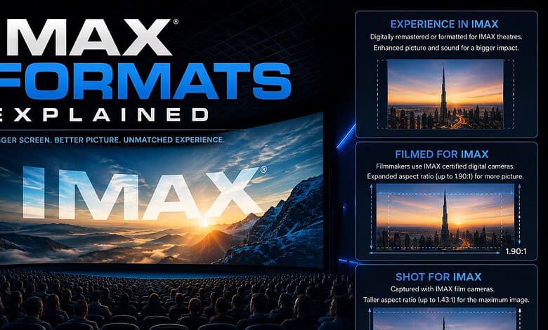 Infographic explaining IMAX formats including experience, filmed for IMAX, and shot for IMAX in Hyderabad.