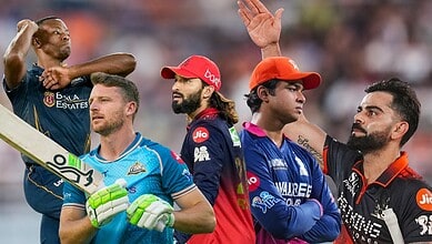 A cricket team celebrating on the field after a match, with players in colorful uniforms and a stadium ba.