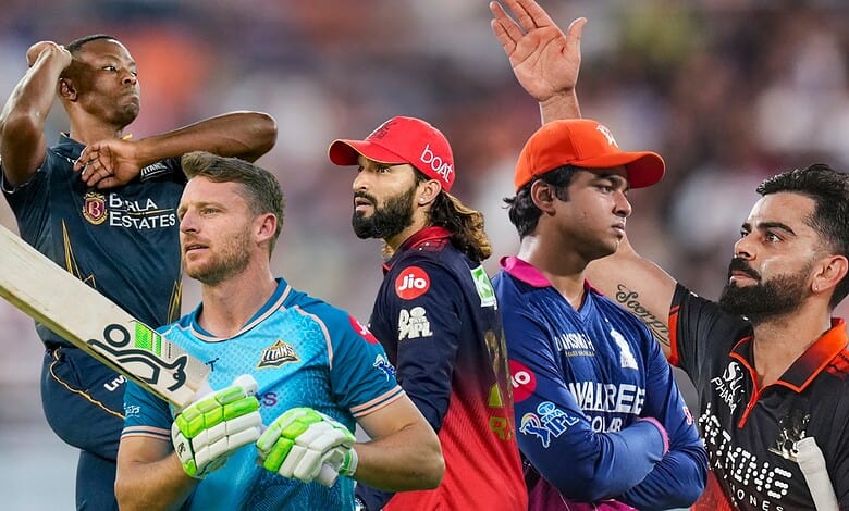 A cricket team celebrating on the field after a match, with players in colorful uniforms and a stadium ba.