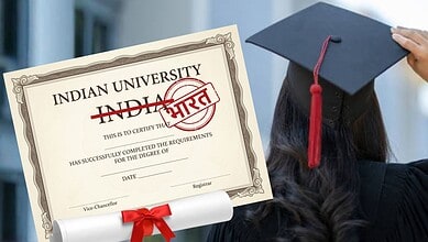 Graduation cap and degree certificate with 'India' replaced by 'Bharat' in the text.