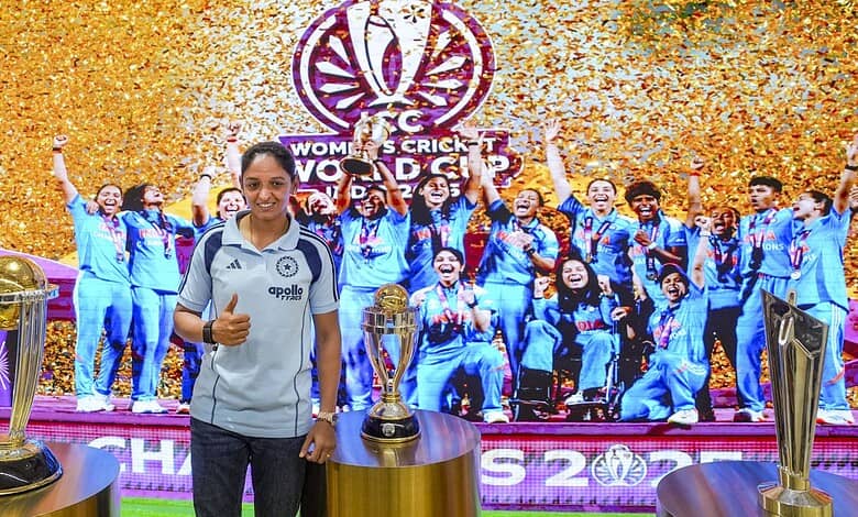 The Siasat Daily, women's cricket team celebrating victory with trophies and confetti.