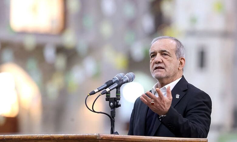 Iran’s Pezeshkian speaking at a press conference in Islamabad during diplomatic talks.