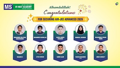 Group photo of students celebrating success in Air-JEE Advanced 2026, with congratulatory message.