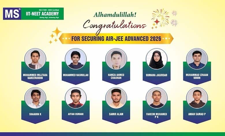 Group photo of students celebrating success in Air-JEE Advanced 2026, with congratulatory message.