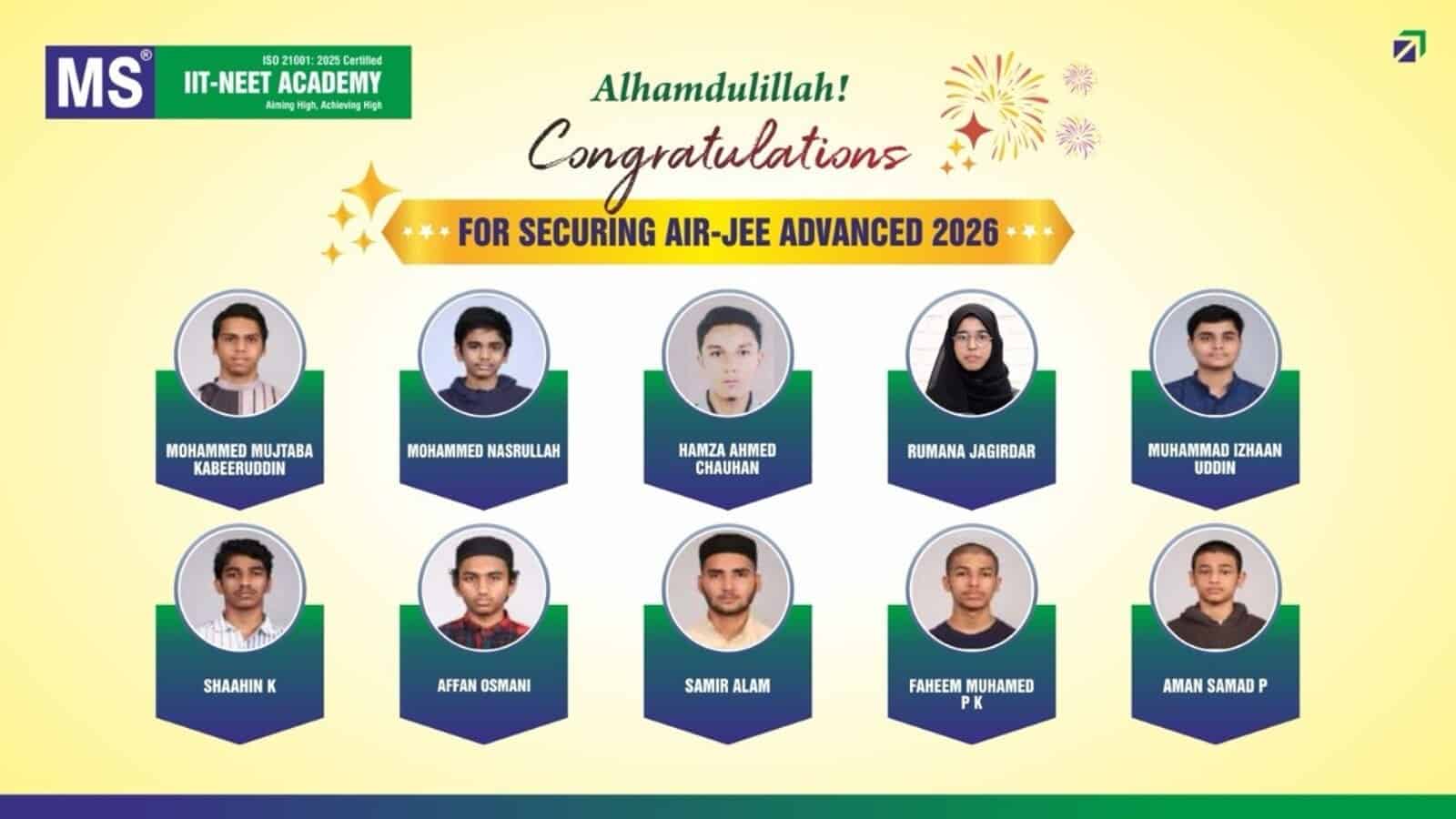 Group photo of students celebrating success in Air-JEE Advanced 2026, with congratulatory message.