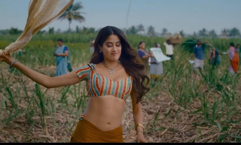Woman dancing joyfully in a vibrant field with farmers and greenery in the background.