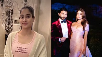 Janhvi Kapoor in a cute nightsuit, smiling softly, indoors with elegant decor in the background.