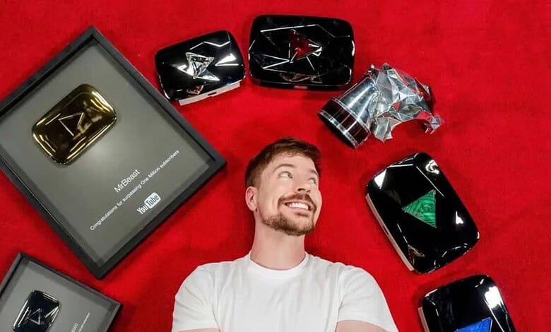 YouTube Silver Play Button award displayed with a man smiling and looking up on a red background.