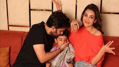 Kajal Aggarwal with her family celebrating Father's Day, smiling and enjoying quality time together.