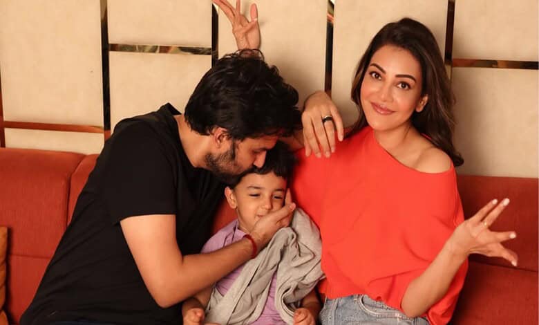 Kajal Aggarwal with her family celebrating Father's Day, smiling and enjoying quality time together.