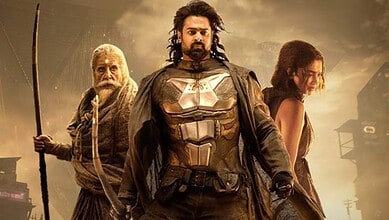 A fierce group of characters from a superhero or fantasy film standing together against a dramatic, storm.