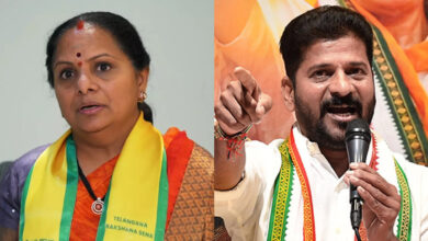 K Kavitha (left) Telangana Chief Minister Revanth Reddy (right)