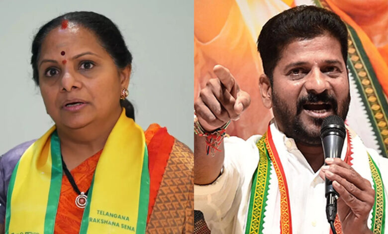 K Kavitha (left) Telangana Chief Minister Revanth Reddy (right)