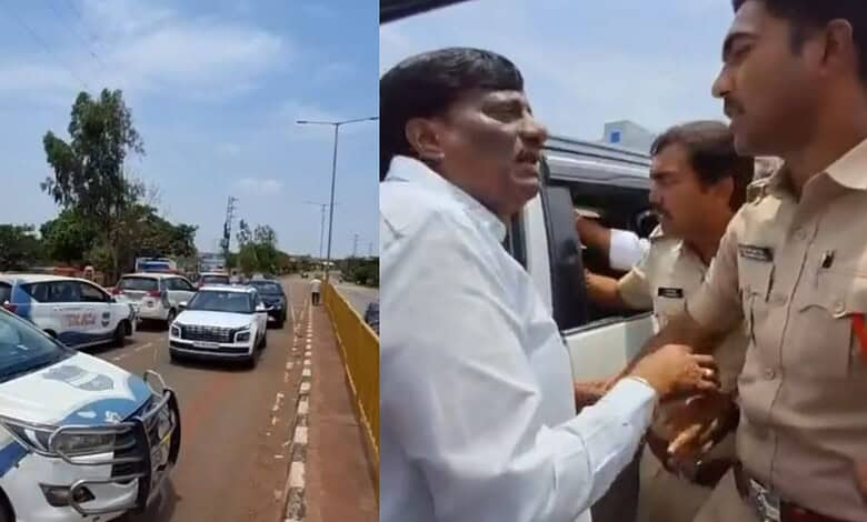 The image shows former BRS MLA Koppula Mahesh Reddy being taken iiinto preventive custody while heading to attend a farmers' protest in Kadlapur village of Pargi mandal in Vikarabad district on Friday, June 12, 2026.