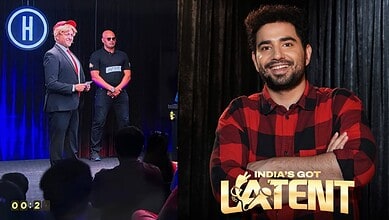 Host and contestants on stage during India’s Got Latent episode, with audience watching.