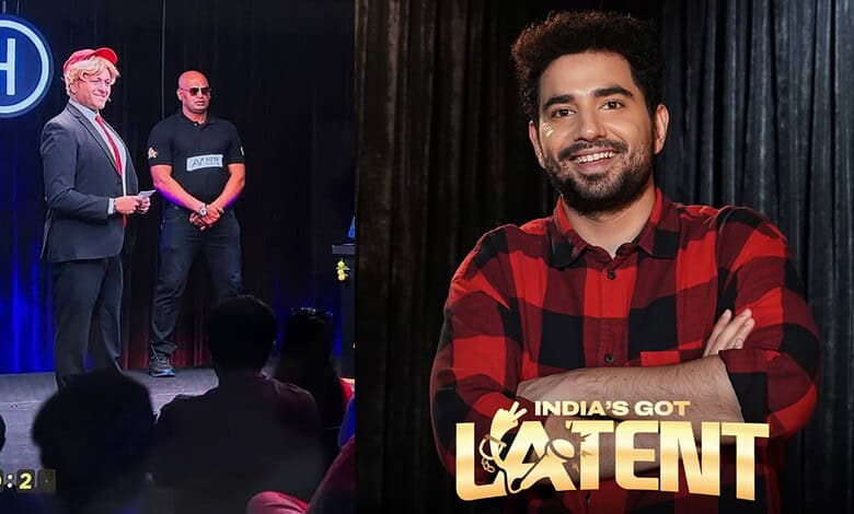 Host and contestants on stage during India’s Got Latent episode, with audience watching.