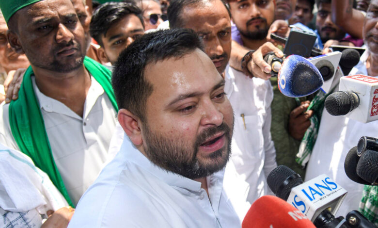 Leader of Opposition in the Bihar Assembly and RJD leader Tejashwi Yadav speaks to the media, in Patna