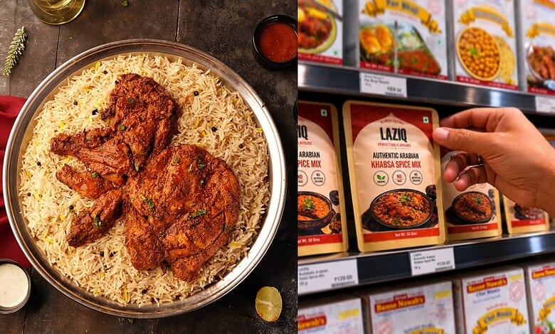 Close-up of a plate of biryani with fried chicken and a hand holding a spice mix packet.