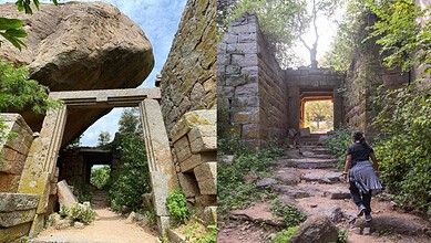Ancient stone ruins and steps at a historic fort near Hyderabad, surrounded by greenery.