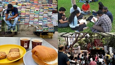 A vibrant outdoor book fair with people browsing and reading books on green grass.