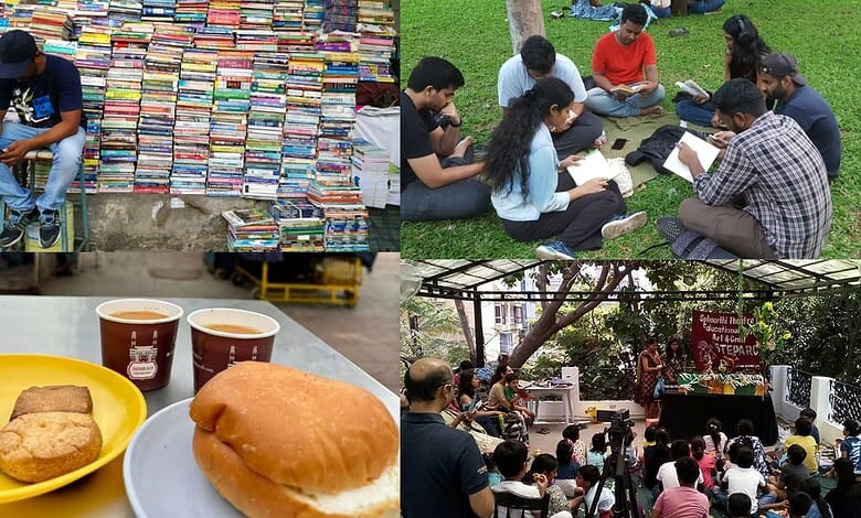 A vibrant outdoor book fair with people browsing and reading books on green grass.