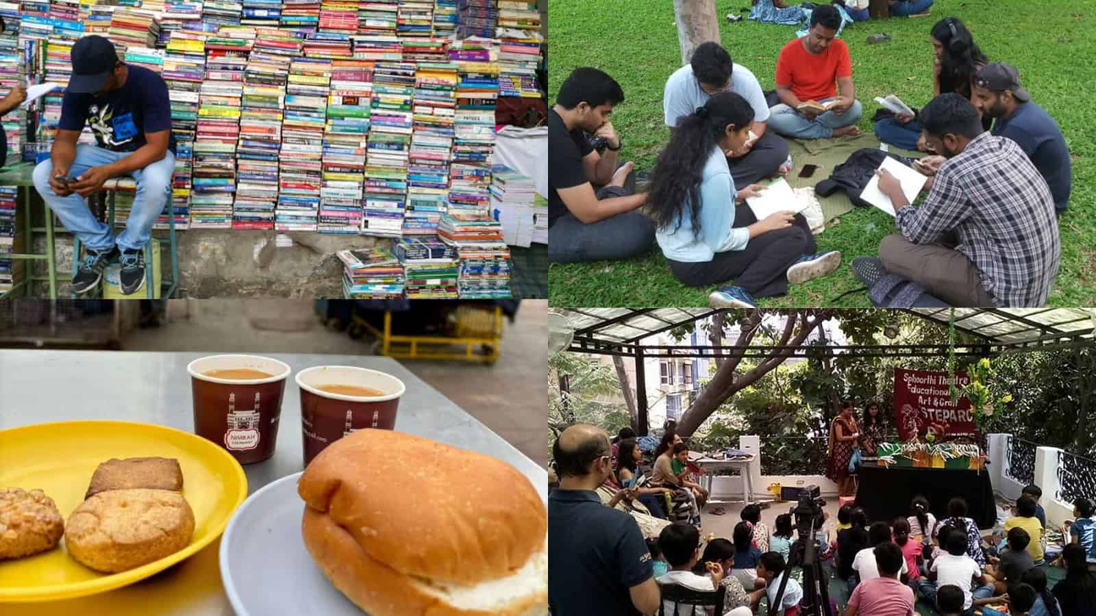 A vibrant outdoor book fair with people browsing and reading books on green grass.