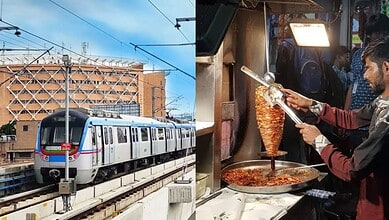 Hyderabad metro train and street food vendor, urban transit and local cuisine scene.
