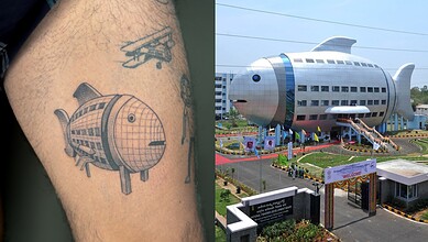 Unique fish-shaped building in Hyderabad resembling a fish, with a slide and playground nearby.