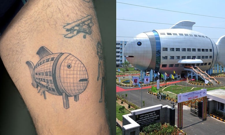 Unique fish-shaped building in Hyderabad resembling a fish, with a slide and playground nearby.