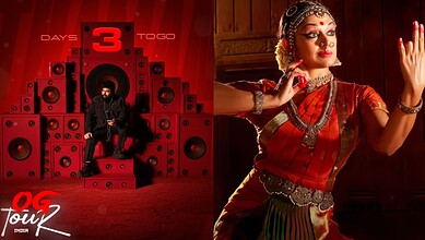 A vibrant image featuring a male DJ with a large sound system and a traditional Indian classical dancer p.