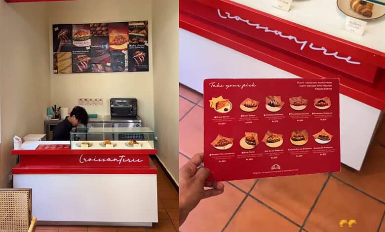 A. Freshly baked pastries and desserts displayed at a bakery counter with a menu board in the background.