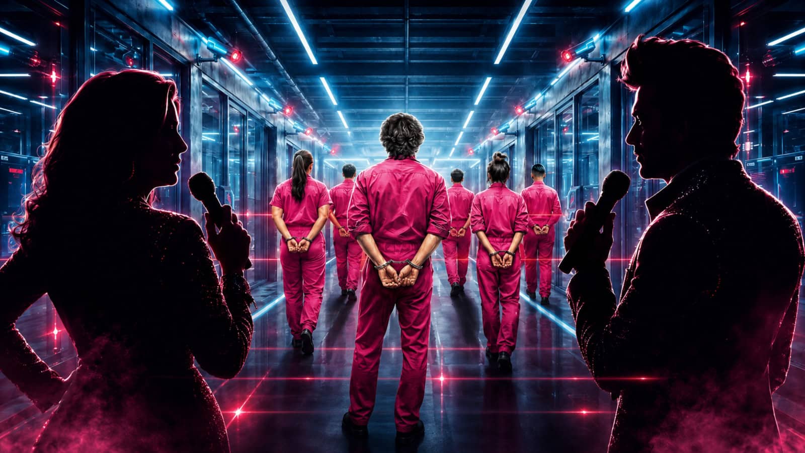 A woman and a man holding microphones in a futuristic data centre with healthcare professionals in pink s.