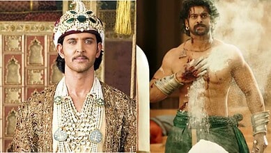 Two actors in elaborate costumes and a scene with a man covered in dust and debris from a film set.