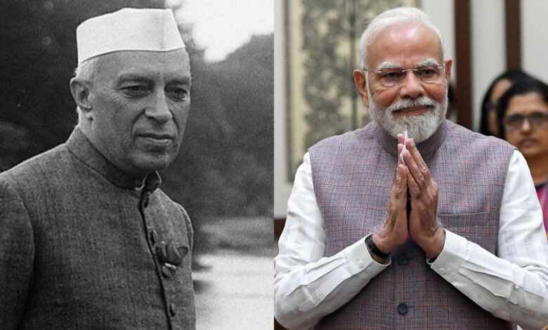 Former prime minister Jawaharlal Nehru (left), current PM Narendra Modi (right)
